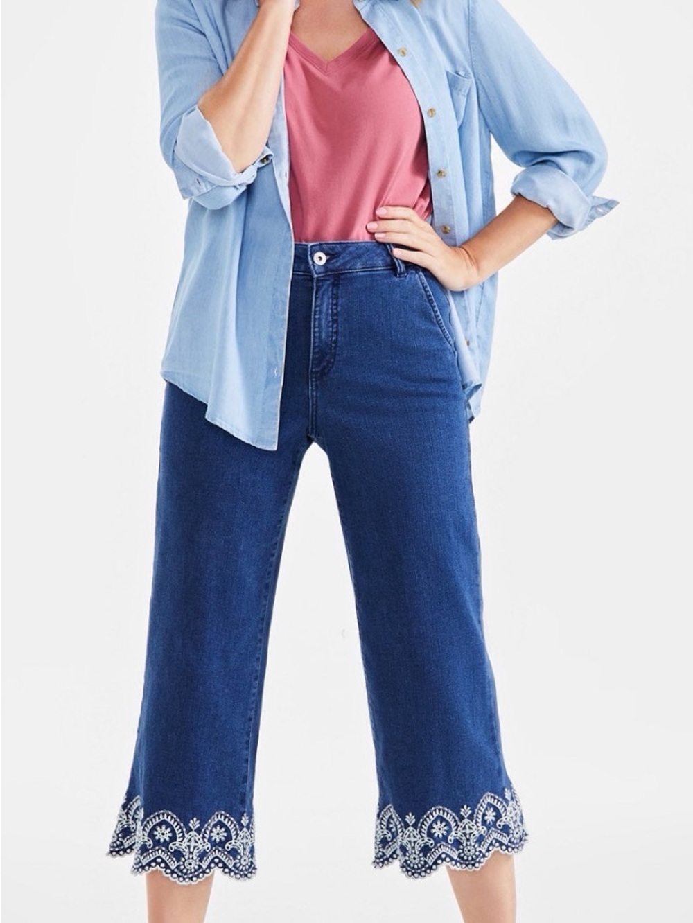 Style & Co. Petite Blue Embroidered Hem Wide Leg Cropped Jeans
